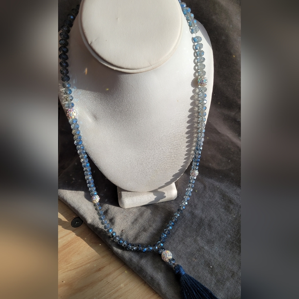2/$22 Handmade long blue AB Czech faceted crystal and AB pave tassle necklace